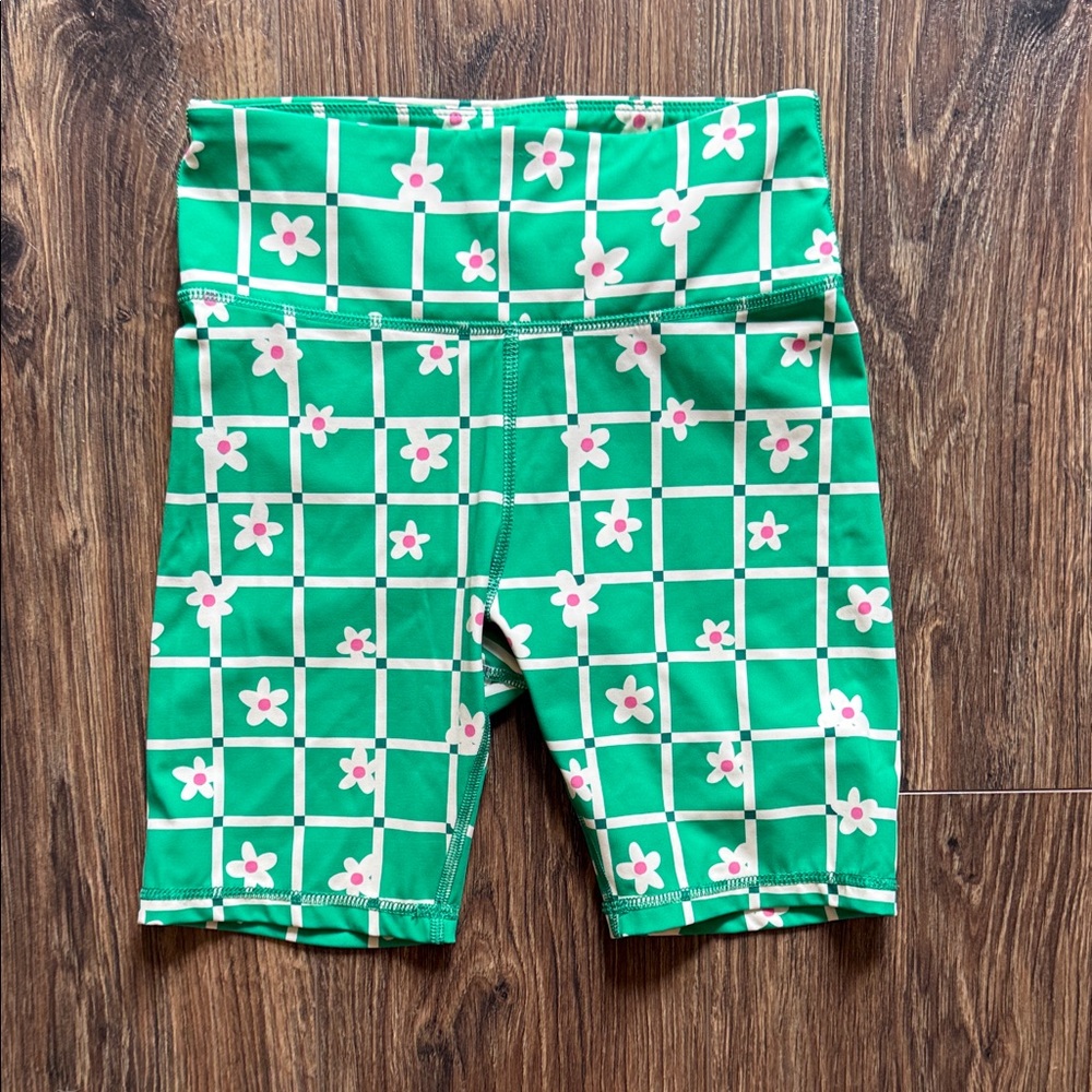 Hanna Andersson Girls Green Floral Grid Active Bike Shorts Size 10